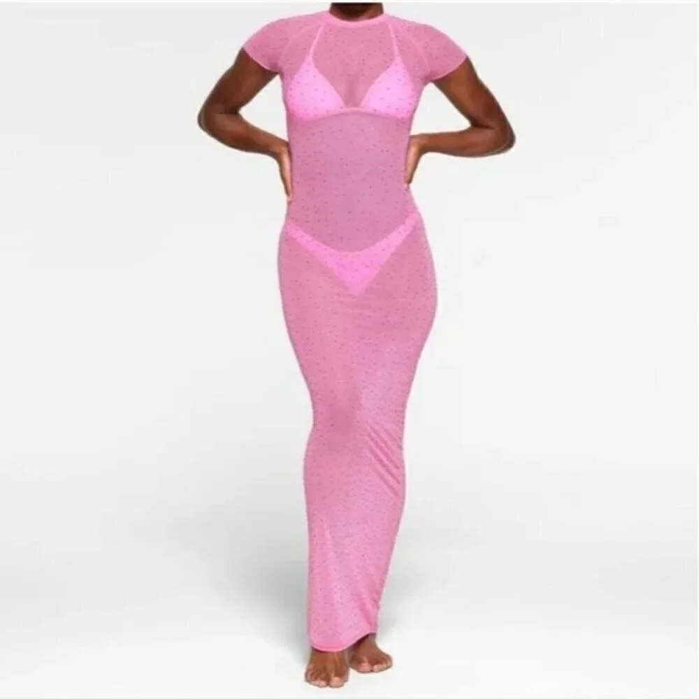 NWT SKims Taffy Pink Mesh rhinestone swim cover up maxi dress size 4X
